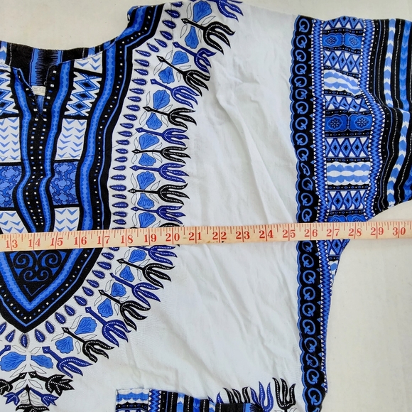 Blue & White Traditional Print Short Sleeve Cotton Dashiki Tunic Shirt Unisex - Picture 12 of 15